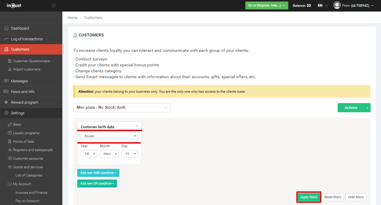 Extended customer questionnaire, possibility to set questionnaire at the Register. Filtering by personal data Extended customer questionnaire, possibility to set questionnaire at the Register. Filtering by personal data