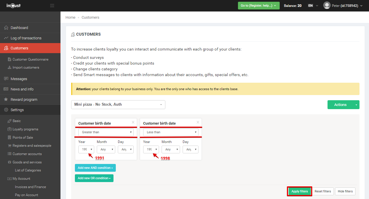 Extended customer questionnaire, possibility to set questionnaire at the Register. Filtering by personal data Extended customer questionnaire, possibility to set questionnaire at the Register. Filtering by personal data