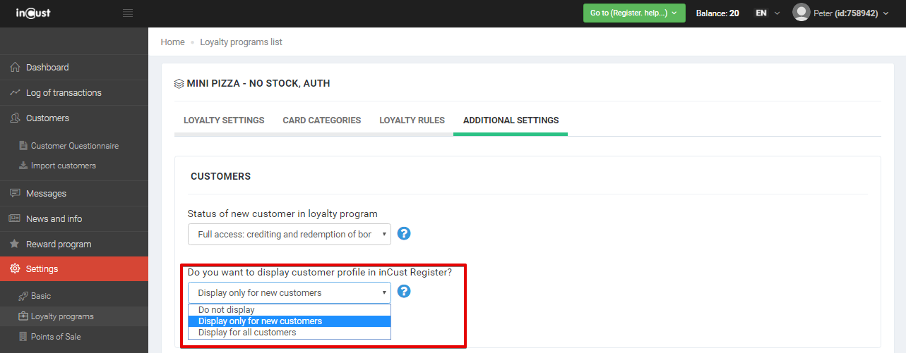 Extended customer questionnaire, possibility to set questionnaire at the Register. Filtering by personal data Extended customer questionnaire, possibility to set questionnaire at the Register. Filtering by personal data